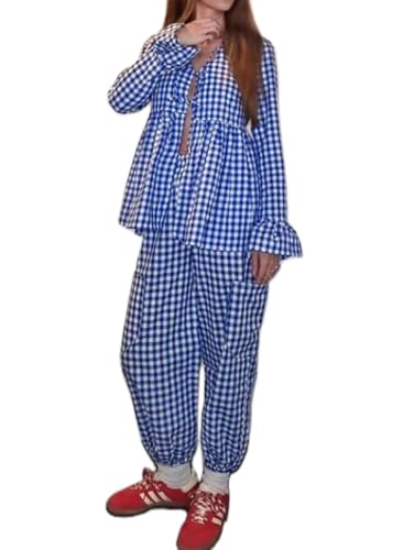 Image of Argeousgor Women Plaid 2 Piece Pajama Set Button Down Puff Sleeve Babydoll Shirt Gingham Pants Pj Lounge Set Sleepwear