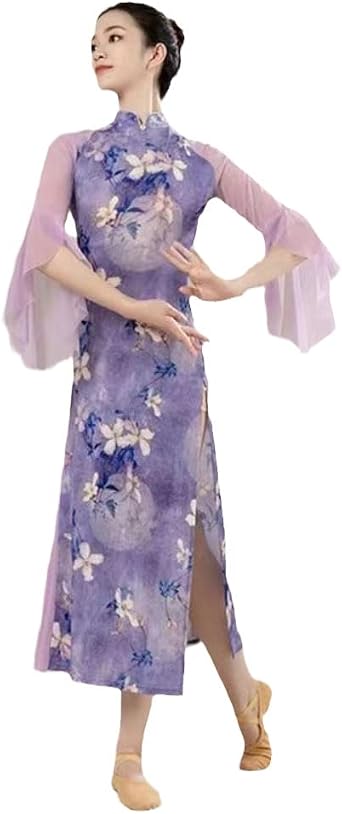 Traditional Qibao Cheongsam Ao Dai Vietnam Purple Qipao Dress Modern for Stage Women Chinese Dance Costume