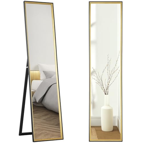 HOMCOM Specchio da Terra a Figura Intera con Supporto Posteriore e Cornice, Specchio da Parete in MDF e Vetro con Pellicola Protettiva Antisfondamento, 37x3x157 cm, Nero e Oro