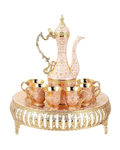 SEEK RARE Turkish Tea Set Vintage Coffee Pot with Shiny Crystal Tray and 6 Cups for Home Party Table Decor Gold