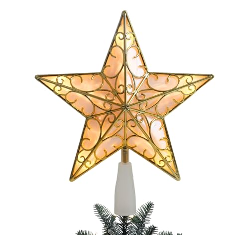 Gold Star Christmas Tree Topper, Anstore 10 Inches Stars for Christmas Decorations and Glittered Hollow Star Topper Built in 10 Bulbs String Lights 3D Star Treetop for Holiday Tree Decorations