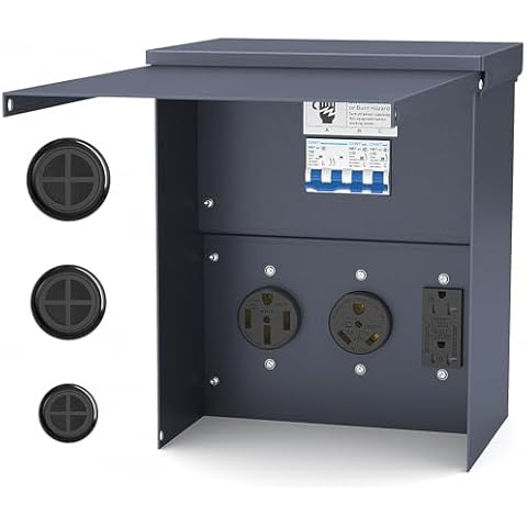 Joinfworld Temporary Power Outlet Panel Weatherproof, Thicker RV Pedeatal Electrical Breaker Box with 20, 30, 50 Amp Receptacle Installed and Prewired for Hookup RV Camper Travel Trailer Motorhome Cover