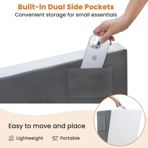 Image of Vekkia 31 inch Extra-Long Wedge Pillow for Sleeping & Resting, Back Support | 7.5 inch Height Bed Wedge for Adult Acid Reflux Relief, Sleeping, Snoring, Post Surgery, Washable Cover & Dual Pockets,White /Gray