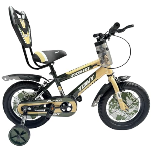 Image of TONY RAW Kids Bicycle 14T inch Sports Cycle for 3 to 5 Years Baby Boys & Girls with Side Training Wheels & Back Rest Seat /Water Bottle Semi-Assembled (Military Green)