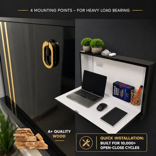 Image of Wall Mounted Folding Study Table - Black & Gold | Solid Wood | Foldable Space-Saving Desk with Storage | Home Office Laptop Desk