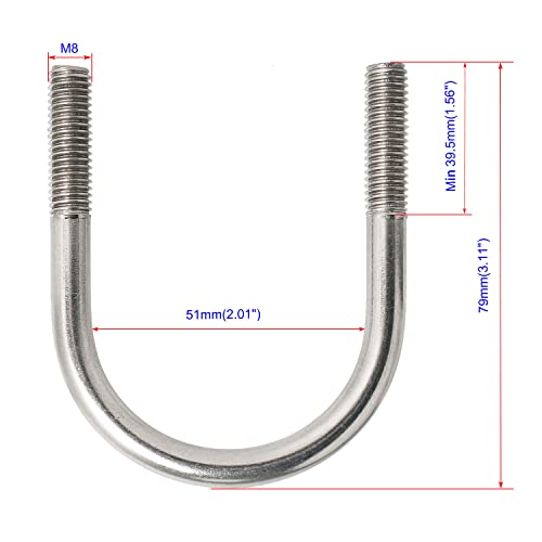 Image of Round U-Bolts 2.01 inch(51mm) Inner Width M8 Thread 304 Stainless Steel Silver with Plates Nuts Flat Washers for Car /RV /Trailer Bumper, 2Pcs