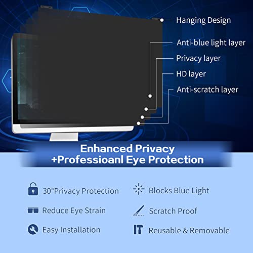Image of Computer Privacy Screen Filter 21.5 Inch, 9H Hardness Hanging Computer Screen Privacy Shield Compatible with 16:9 Widescreen Monitor, Eye Protection and Blue Light Blocks