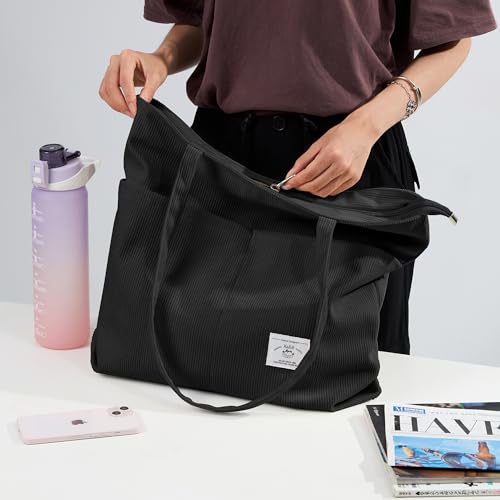 Image of KALIDI Women Corduroy Tote Bag Zipper Casual Tote's Handbag Big Capacity Shoulder Bag with Pockets