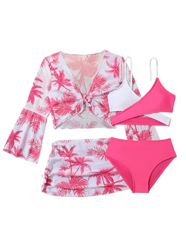 Verdusa Girl's 4 Piece Swimwear Crisscross Bikini Sets with Tropical Print Cover Up