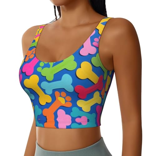 Women Girls Sports Vest U-Shaped Back Comfy Athletic Tops with Bralette Pads Sleeveless Sportswear for Training Fitness, Colorful Dog Bones Paw Prints