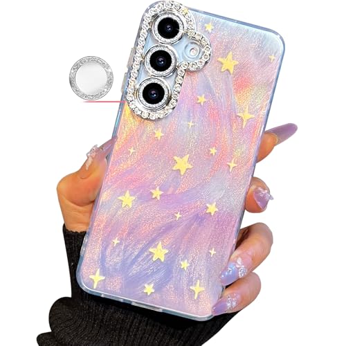 I-MGAE-IN-AR Compact Case for Samsung Galaxy S24 & S25 Fade Star Design,Diamond Camera Lens Protection Frame,Cute Soft Slim TPU Shockproof Protective Phone Cases Cover for Women Glitter Aesthetic