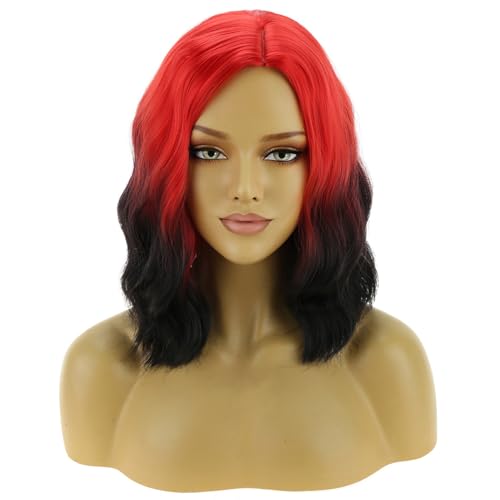 Image of BERON Red Ombre Black Wigs for Women Short Curly Wavy Red and Black Hair Wig Girls Ombre Color Synthetic Costume Cosplay Wig