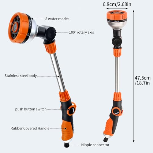 Gießstab, Garten Gießstab Metall, 47.5 cm Lang, 8 Sprühbilder, Robuste Gartenbrause mit 180° schwenkbaren zur Bewässerung und Reinigung Blumenampeln und Sträucher