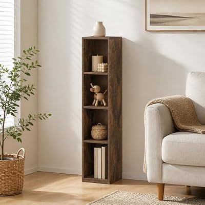 Furevol 4-Tier Bookcase, 8-in Width Storage Shelf Bookshelf, Narrow Book Shelf, 9.3 x 7.9 x 41.6, for Bedroom, Living Room, Home Office, Amber Pine