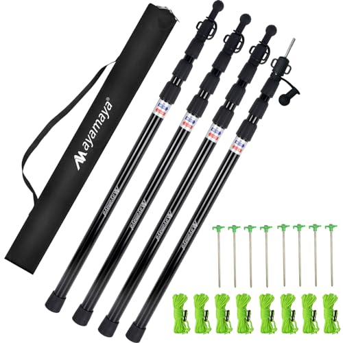 AYAMAYA Tarp Poles - Telescoping Camping Tent Poles Replacement, Upgraded 4-Section Heavy Duty Aluminum Rods with Stakes & Guylines for Tents, Rain Fly, Camping Shelter, Awning Canopy RV Car, Set of 4 by AYAMAYA - Used condition - US$61.48
