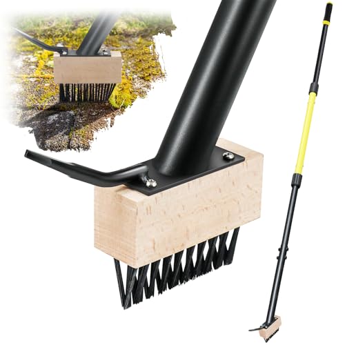 Jardineer Weed Moss Remover Brush with 59 Carbon Steel Long Handle Heavy Duty Moss Removal Tool with Scraper Metal Brush Weeder Tool for Driveway Patio Sidewalk Paver