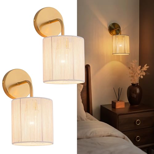 Image of Boho Wall Sconces Set of 2, Gold Rattan Wall Sconce 12 inch High Hand Woven Wall Lamp with Rope Shade, Coastal Sconce for Living Room Vanity Bedroom Hallway Kitchen Stair (Hardwired)