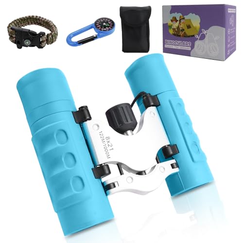 Erzekrim Fernglas für Kinder, Mini Fernglas Vergrößerung 8X21 Outdoor Exploration Spielzeug Fernrohr ab 3-12 Jahre mit Kompass und Tasche für Vogelbeobachtung, Wandern, Abenteuer (Hellblau)