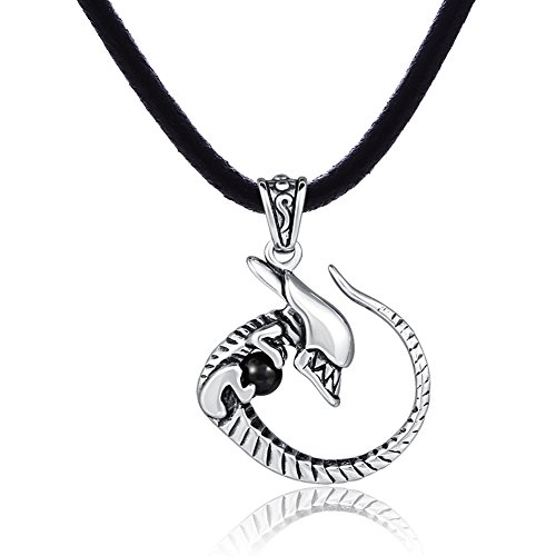 Collar de piel con colgante de DonDon, colgante de acero inoxidable y piedra negra con diseño de Alien, 50 cm, con bolsa de terciopelo