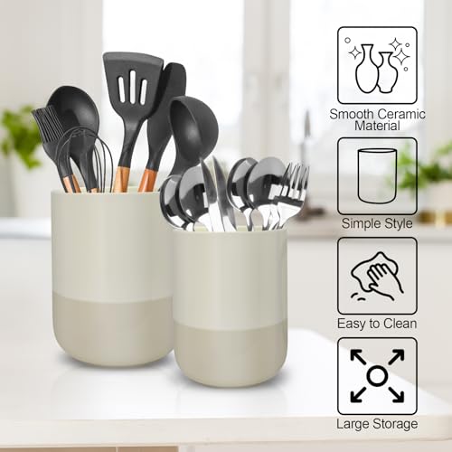 YKDGBRE Ceramic Utensil Holder for Kitchen Counter, Black Kitchen Utensil Holder for Countertop, 2 Pcs Cooking Utensil Crocks for Spatula, Spoon, Forks, Plant (white-brown) — view 2