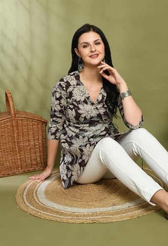 Image of feranoid Floral Print Angrakha 3 Sleeves Flared Kurti
