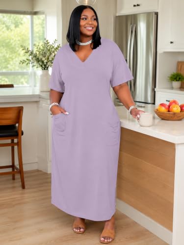 Image of Plus Size Maxi Dress for Women Short Sleeve V Neck Casual Loose Sundress with Pockets