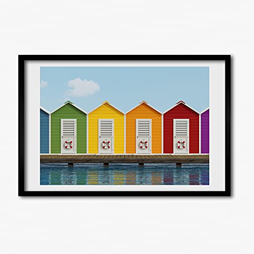 Cadre photo 60x40 cm Tulup avec affiche de cabines de plage et tableau décoratif en bois MDF