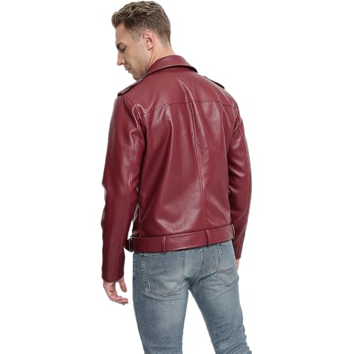 Image of Fahsyee Leather Jackets for Men, Faux Bomber Jacket Mens Motorcycle Lapel Asymmetric Zip-Up Belt Slim Fit Biker Coat