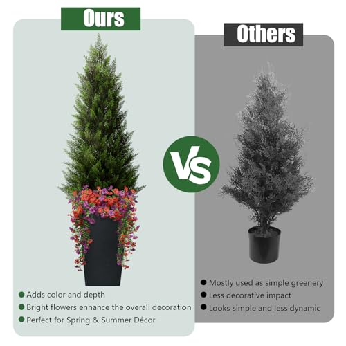 Image of Vitalismo Artificial Topiary Cedar Trees 4FT Tall 2 Set with 12 Bundles Faux Silk Flowers, Outdoor Indoor Faux Pine Shrubs Plants, Fake Bushes Plants for Home Front Porch Door Patio