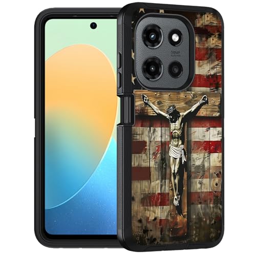 FQTBCEARI Case for Motorola Moto G 5G 2025 / Moto G Play 5G 2025, Military Grade Heavy Duty 3-Layer Shockproof Full-Body Protective Cover for Moto G 5G 2025, American Flag Cross Jesus