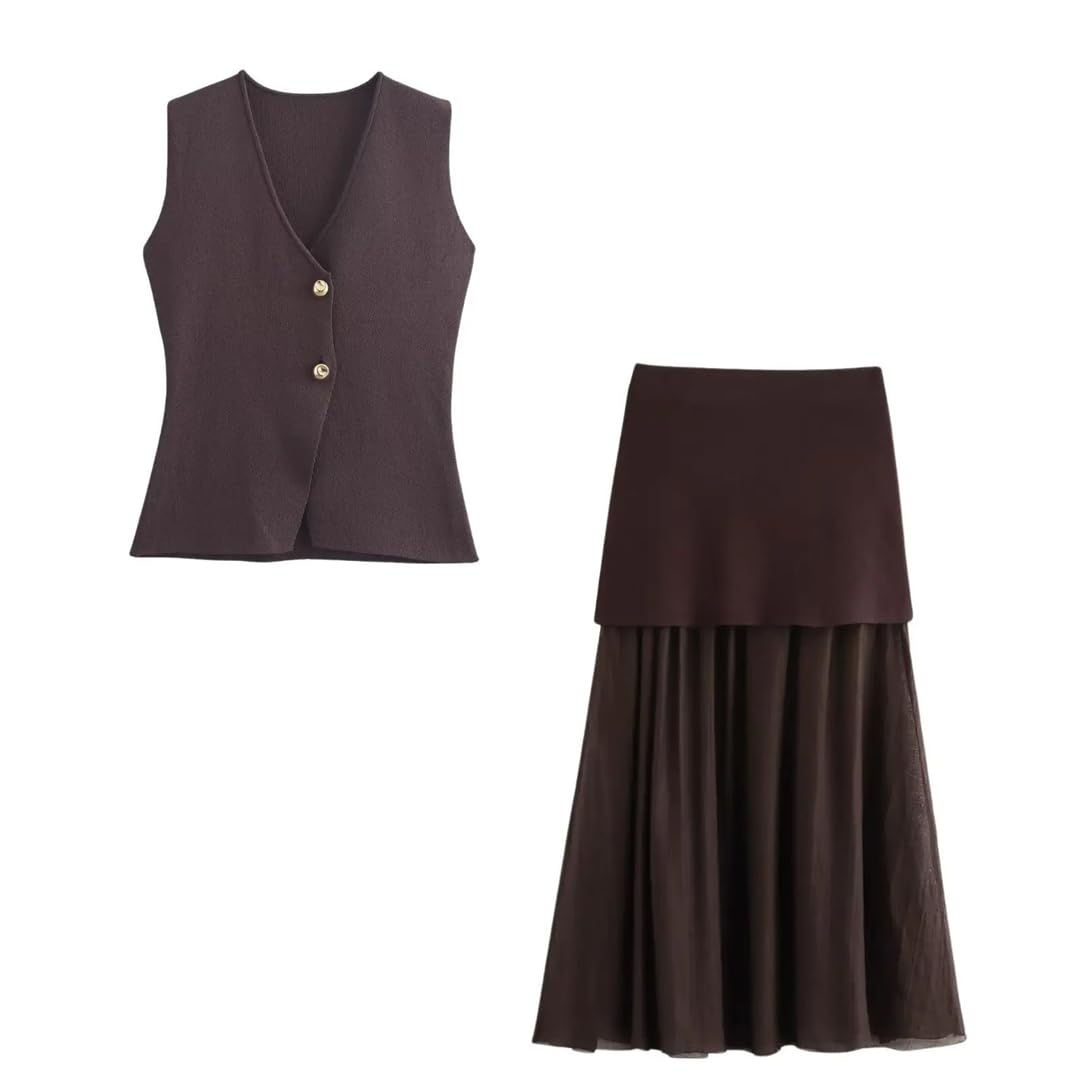 Pohullan Women Two-Piece Knit V-Neck Sleeveless Slim Vest Solid High Waist Zipper Patchwork Long Skirt