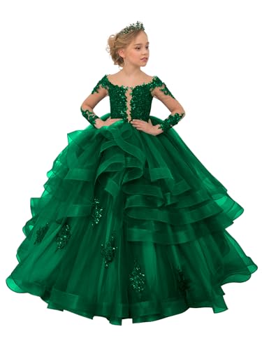 Zpvp Long Sleeve Pageant Dresses For Girls Beaded Tulle Lace Appliques Ruffles Ruffles Girls Flower Girl Dress For Wedding Us 7 cover