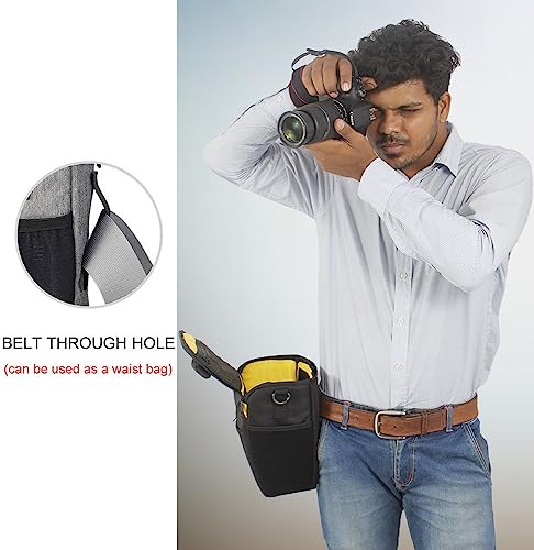 Image of Polyester D2 Dslr Camera Bag, Camera Case With Adjustable Shoulder Strap, Compatible For Nikon, Canon, Sony Cameras, Waterproof, Anti Shock (Black-Yellow Interior)