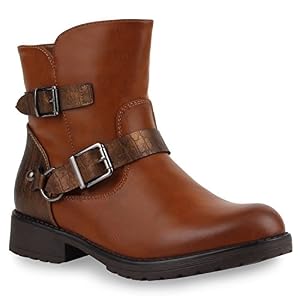 stiefelparadies Damen Stiefeletten Biker Boots Leder-Optik Stiefel Schuhe 107296 Braun Agueda Kroko 37 Flandell