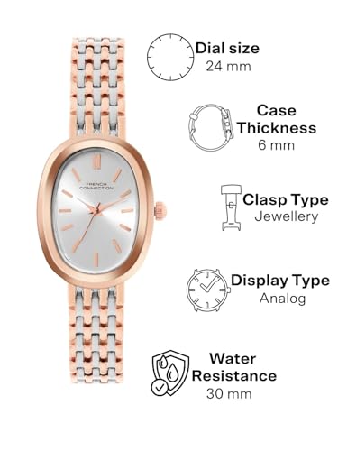 Image of French Connection Sunray Silver Oval Dial with Rose Two Tone Stainless Steel Strap Watch for Womens - FCN0130RTM