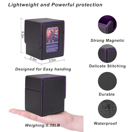 Image of AFIING MTG Deck Box for Commander Display,Card Deck Box Fits 100 Double Sleeved Cards, Magic Commander TCG Card Storage Box with 2 Dividers,Drawstring Bag and 1 Toploader(Black /Purple)