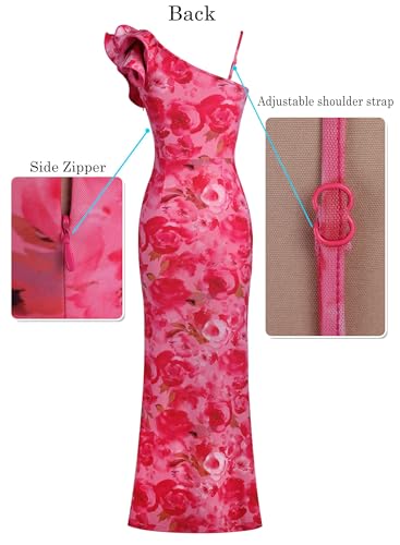 Image of VFSHOW Womens Ruffle One Shoulder Strap Ruched Formal Prom Wedding Maxi Dress V Neck Elegant Split Cocktail Evening Long Gown