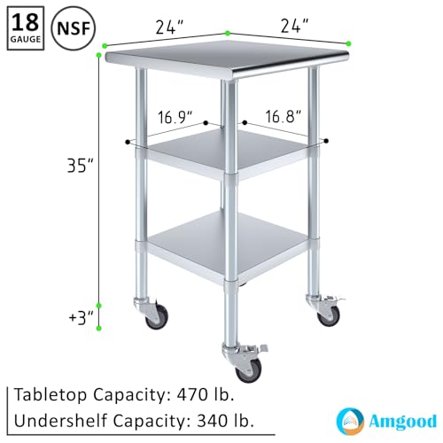 Image of AmGood Stainless Steel Work Table with 2 Shelves and Casters | Metal Utility Table On Wheels (Stainless Steel Work Table with 2 Shelves + Casters, 24 inch Long x 24 inch Deep)