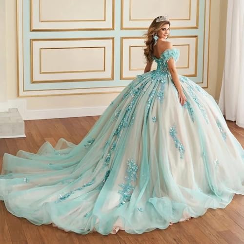 SanLIJIAN Luxury Off Shoulder Quinceanera Dresses 3D Flower Beaded Sweet 16 Dresses Puffy Sparkly Tulle Ball Gowns3