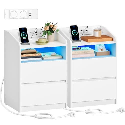 Hzuaneri Mesita de Noche Juego de 2, con Luces LED y Estación de Carga (2 Tomas AC, 2 Puertos USB), 1 Compartimento Abierto y 2 Cajones, para Dormitorio, Salón, 35 x 40 x 58 cm, Blanco NS60103XEU