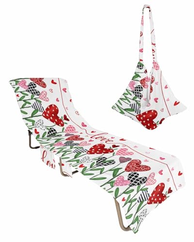 White Love Beach Chair Towel Covers for Chaise Lounge with Side Pocket, Soft Plush Pool Towels Cover for Patio Sunbathing Outdoor 29''x85'' Hppy Valentine's Day Geometric Leaves