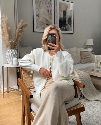 Kedera Women's Open Front Pearls Trim Cardigan Sweater Casual Knitted Long Sleeve Valentine's Day Outerwear Coat4