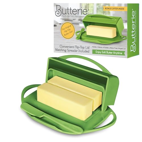 Butterie Flip-Top Butter Dish with Lid & Matching Knife, Holds 2 Sticks/Kerrygold Butter, No-Mess Butter Holder, Shatterproof, Dishwasher Safe, Green