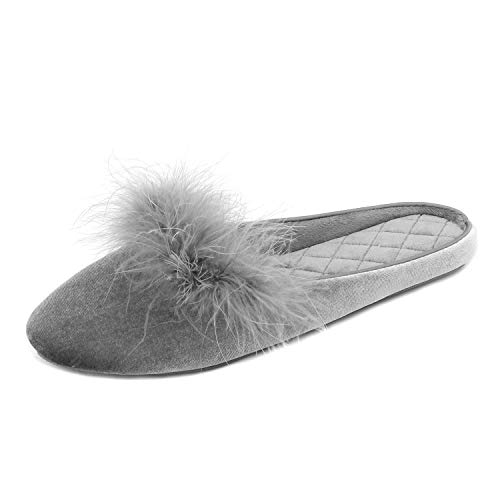 BCSTUDIO Women's Cozy Velvet Ballerina Slippers Furry Pom Feather House Shoes with Non Slip Rubber Sole (9-10, Grey)