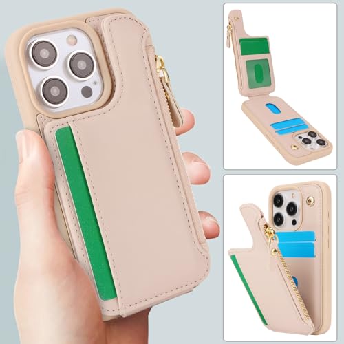 Image of Cavor for iPhone 13 Pro Case with Card Holder,for iPhone 13 Pro Wallet Case for Women Men,Leather Magnetic Clasp Zipper Pocket Protective Phone Cover-Cream