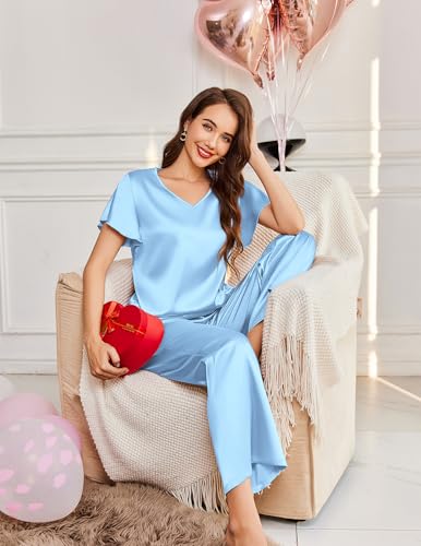 Image of Ekouaer Women's Satin Silky Pajama Set 2 Piece Short Sleeve Shirt with Long Pants Pjs Sets Soft PJ Loungewear S-XXL