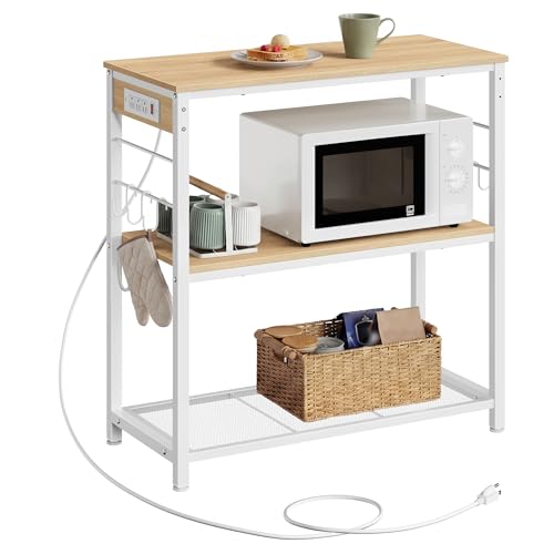 VASAGLE Kitchen Island with Power Strip, Microwave Oven Stand, Kitchen Shelf, Baker's Rack with 3 Open Shelves, 6 Hooks, Metal Frame, 15.7 x 31.5 x 35.4 Inches, Goldean Oak and White UKKI102YA02S