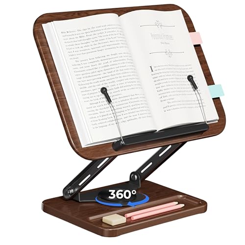 Image of Sunchhaya New Book Stand for Reading, Writing, Painting and Used As Laptop Stand for Desk, 360 Degree Rotatable with Wooden Plate At Bottom Adjustable Height-Angle (R51C)