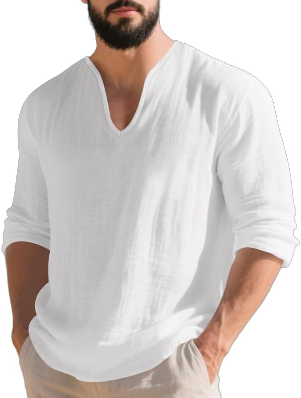 Mens Linen V-Neck Shirts Casual Long Sleeve Hippie Yoga Tops Lightweight Summer Beach Shirt