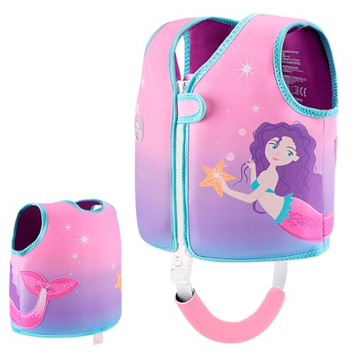 Pottwal Swim Vest for Kids - Swim Jacket for 1-2 Years (24-33LBS) - Buoyancy Aid Made of Neoprene & EPE - with Adjustable Crotch Strap Pink Purple Mermaid Medium